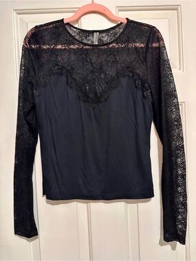 Anthropologie Black Lace Yoke Long-Sleeve Tee
